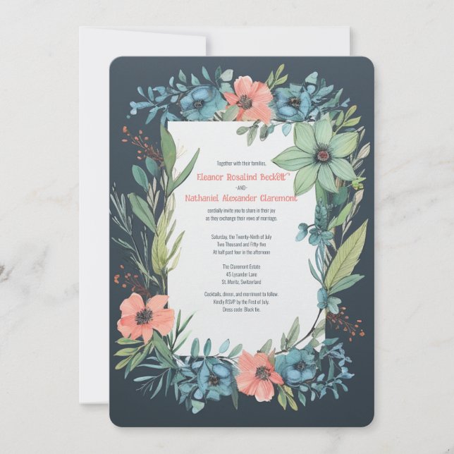 Whimsical Floral Salmon Blue Green Wedding Invitation (Front)