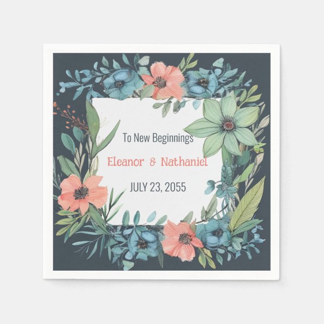 Whimsical Floral Salmon Blue Green Wedding Napkins (Front)