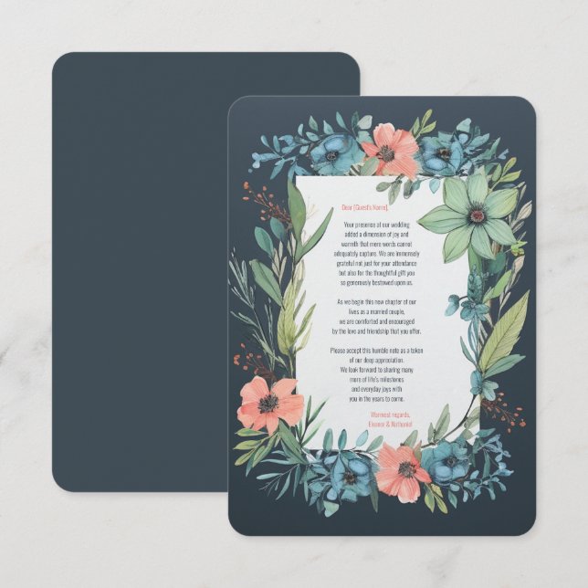 Whimsical Floral Salmon Blue Green Wedding Thank You Card (Front/Back)