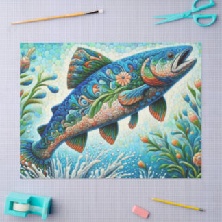 Whimsical Floral Salmon Fish Blue Decoupage Tissue Paper