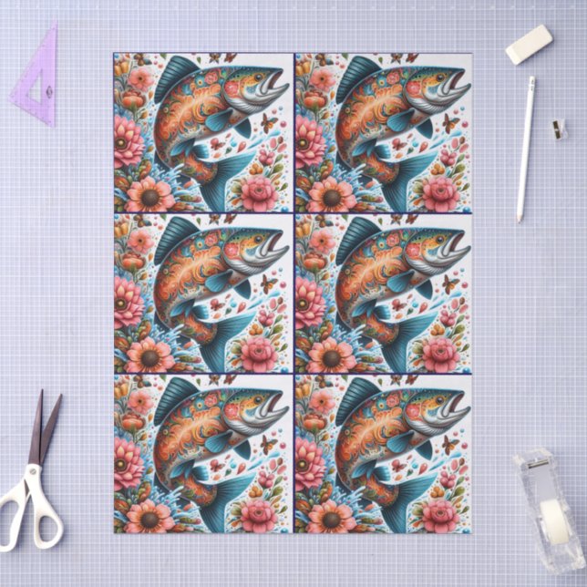 Whimsical Floral Salmon Fish Decoupage  Tissue Paper (Craft)