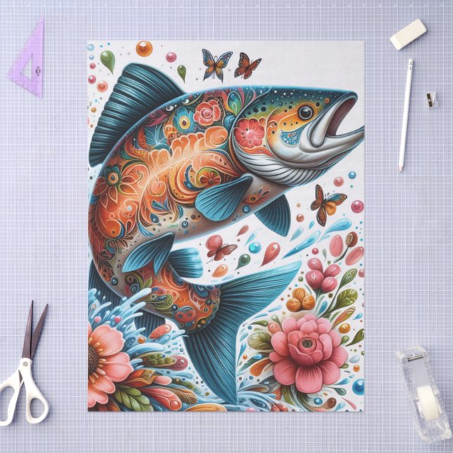 Whimsical Floral Salmon Fish Decoupage  Tissue Paper (Craft)