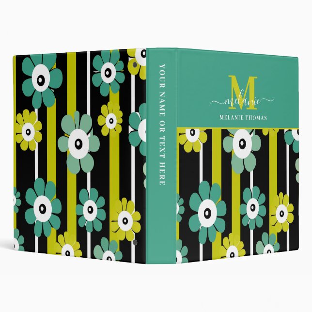 Whimsical Floral Script Name Monogram 3 Ring Binder (Background)
