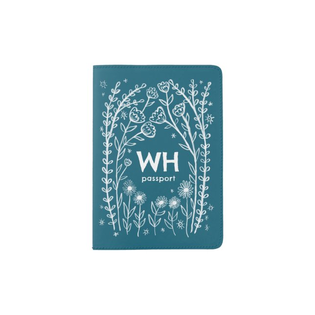 Whimsical Floral Sketch Doodle CUSTOM Initials Passport Holder (Front)