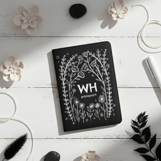 Whimsical Floral Sketch Doodle CUSTOM Initials Passport Holder (Whimsical Floral Sketch Doodle CUSTOM Initials Passport Holder Black and White
)