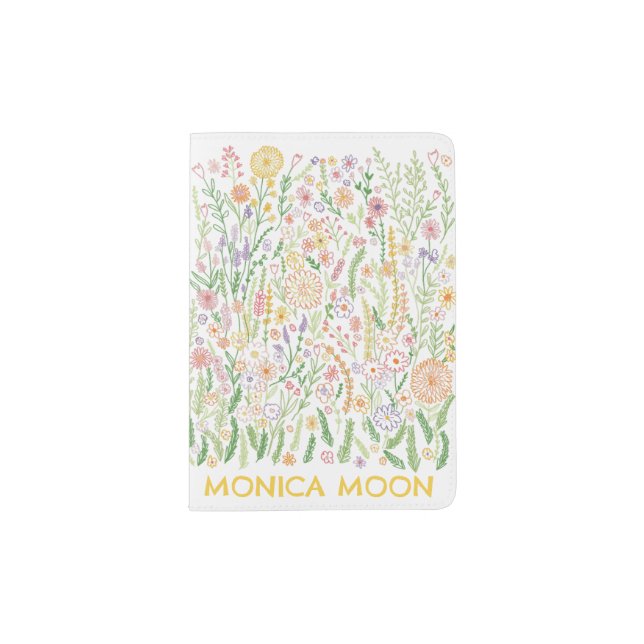 Whimsical Floral Sketch Doodle CUSTOM Name Passport Holder (Front)