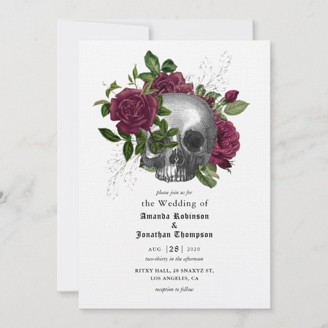 Whimsical Floral Skull Gothic Wedding Invitation (Front)