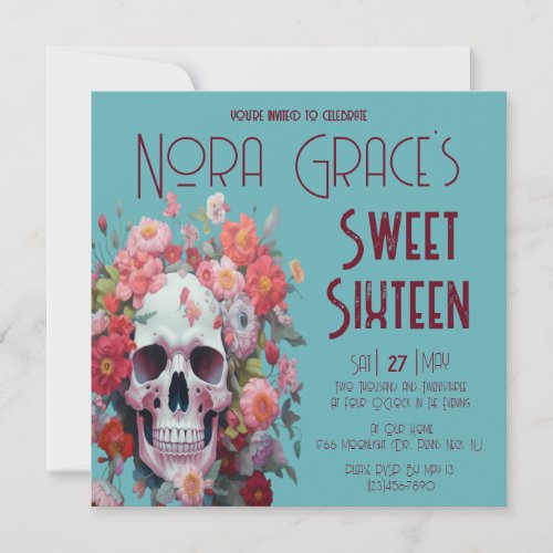 Whimsical Floral Skull Sweet Sixteen Invitation