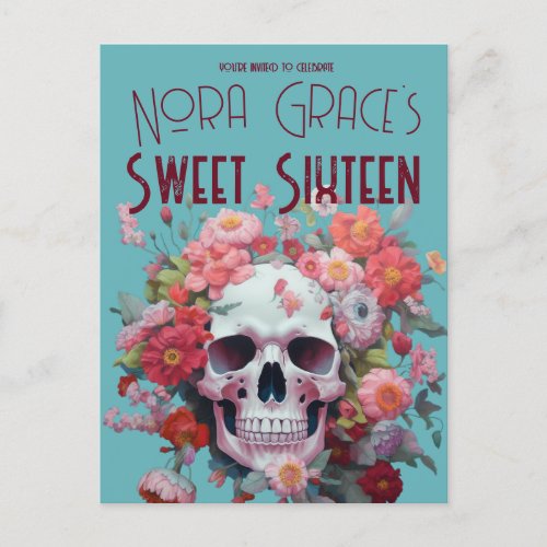 Whimsical Floral Skull Sweet Sixteen Invitation Postcard