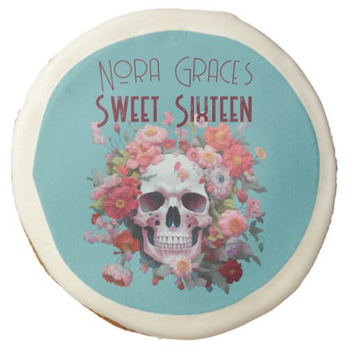 Whimsical Floral Skull Sweet Sixteen Sugar Cookie
