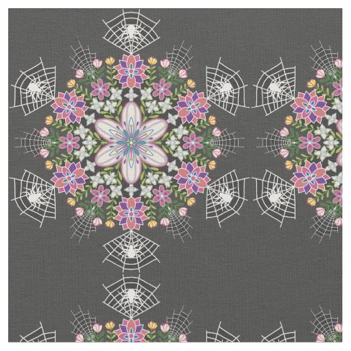 Whimsical floral Spiders mandala fabric