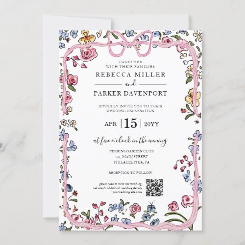 Whimsical floral spring modern Wedding QR Code Invitation
