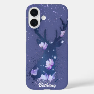 Whimsical Floral Stag Purple Paint Splatter iPhone 16 Case