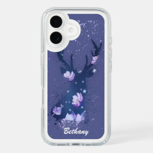 Whimsical Floral Stag Purple Paint Splatter iPhone 16 Case