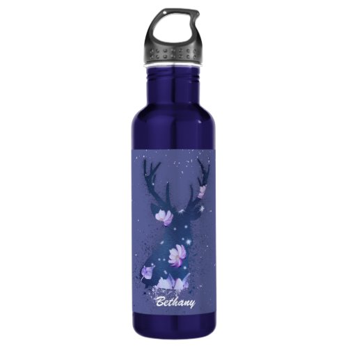 Whimsical Floral Stag Purple Paint Splatter  Stainless Steel Water Bottle