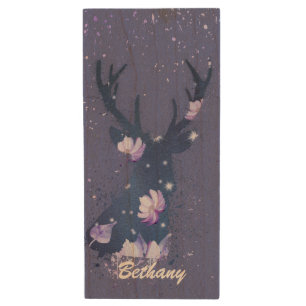 Whimsical Floral Stag Purple Paint Splatter Wood Flash Drive