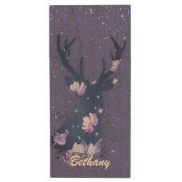 Whimsical Floral Stag Purple Paint Splatter Wood Flash Drive