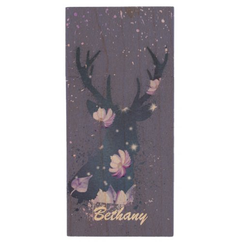 Whimsical Floral Stag Purple Paint Splatter Wood Flash Drive