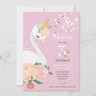 Whimsical Floral Swan Girls Birthday Invitation