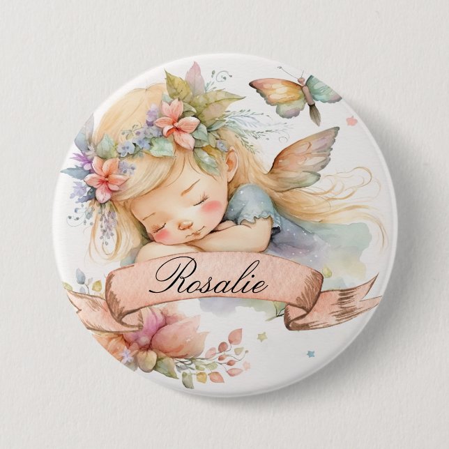Whimsical Floral Sweet Dreams Sleeping Fairy Girl Button (Front)