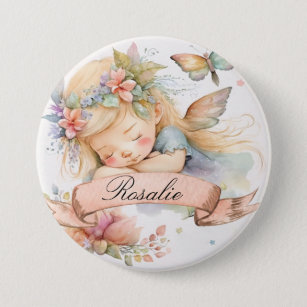 Whimsical Floral Sweet Dreams Sleeping Fairy Girl Button
