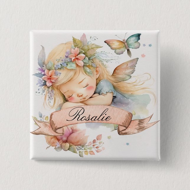 Whimsical Floral Sweet Dreams Sleeping Fairy Girl Button (Front)