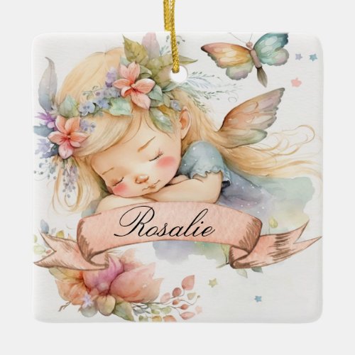 Whimsical Floral Sweet Dreams Sleeping Fairy Girl Ceramic Ornament