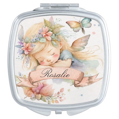 Whimsical Floral Sweet Dreams Sleeping Fairy Girl Compact Mirror