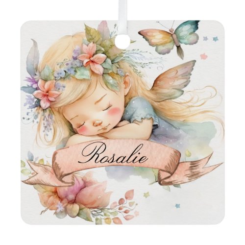 Whimsical Floral Sweet Dreams Sleeping Fairy Girl Metal Ornament