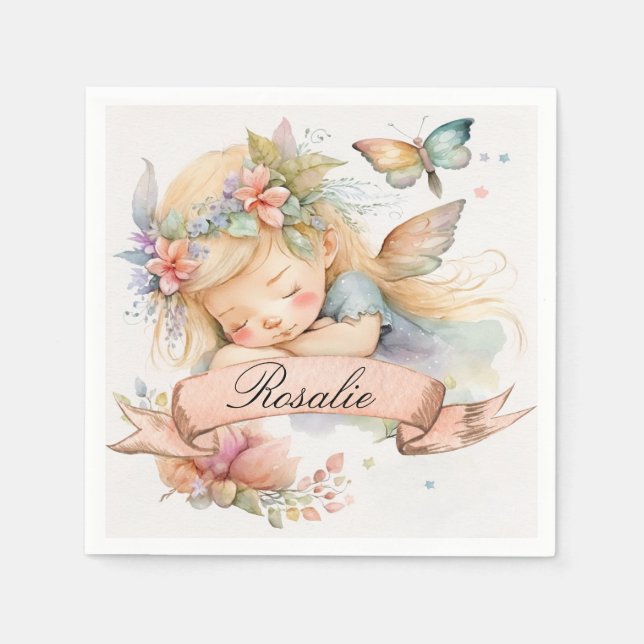 Whimsical Floral Sweet Dreams Sleeping Fairy Girl Napkins (Front)