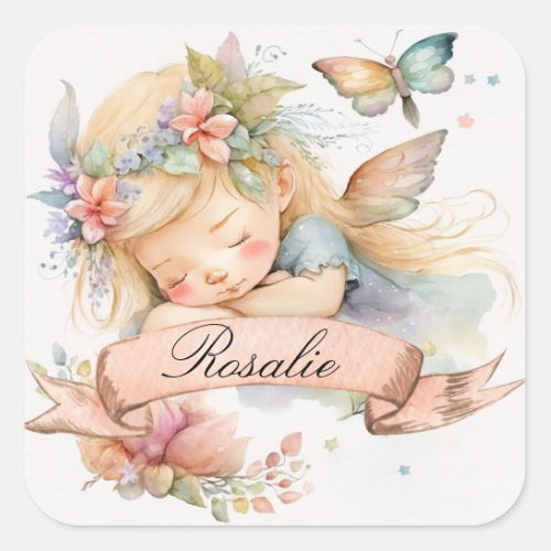 Whimsical Floral Sweet Dreams Sleeping Fairy Girl Square Sticker