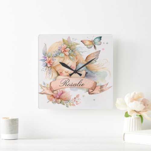 Whimsical Floral Sweet Dreams Sleeping Fairy Girl Square Wall Clock
