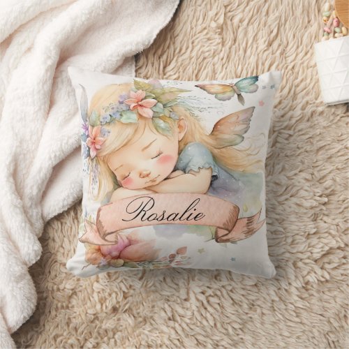 Whimsical Floral Sweet Dreams Sleeping Fairy Girl Throw Pillow