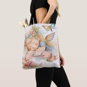Whimsical Floral Sweet Dreams Sleeping Fairy Girl Tote Bag