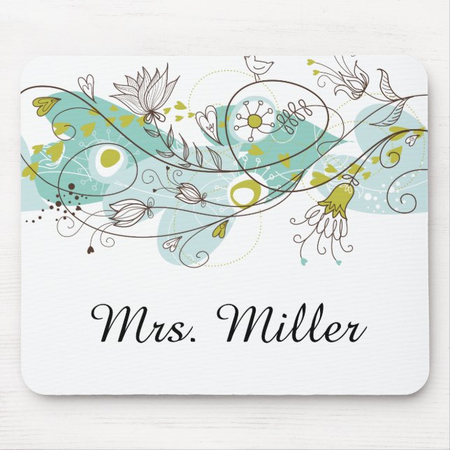 Whimsical Floral Swirls and Birds Mouse Pad (Front)