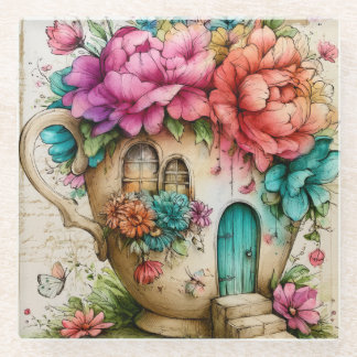 Whimsical Floral Teacup Cottage Glass Coaster