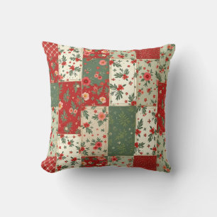 Whimsical Floral Vintage Christmas Quilt Pattern Throw Pillow