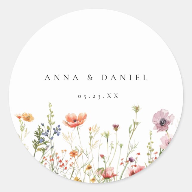 Whimsical Floral Wedding Classic Round Sticker (Front)