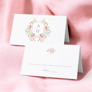 Whimsical Floral Wedding Crest Folded Place Card