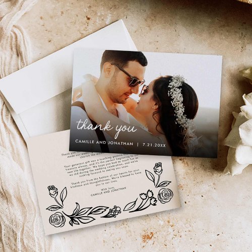 Whimsical Floral Wedding Photo Thank You Card