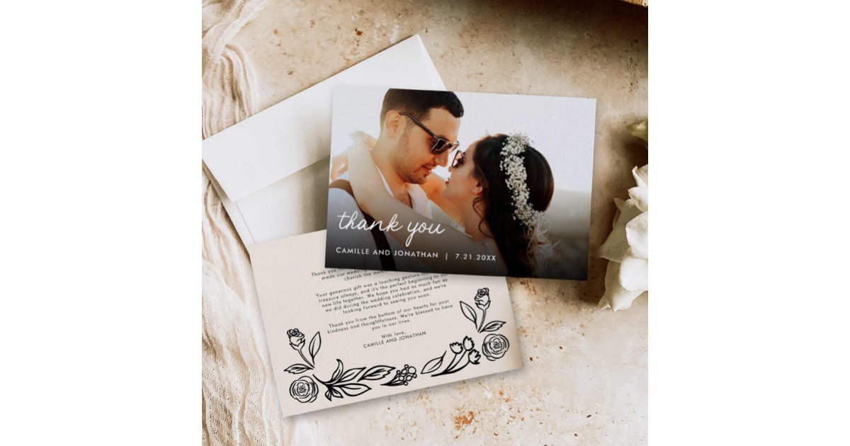 Whimsical Floral Wedding Photo Thank You Card | Zazzle