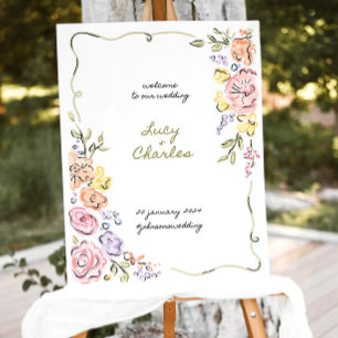 Whimsical Floral Wedding Welcome Sign: Hand-Drawn  Foam Board