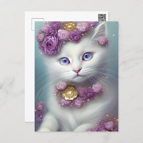Whimsical Floral White Cat Portrait Postcard