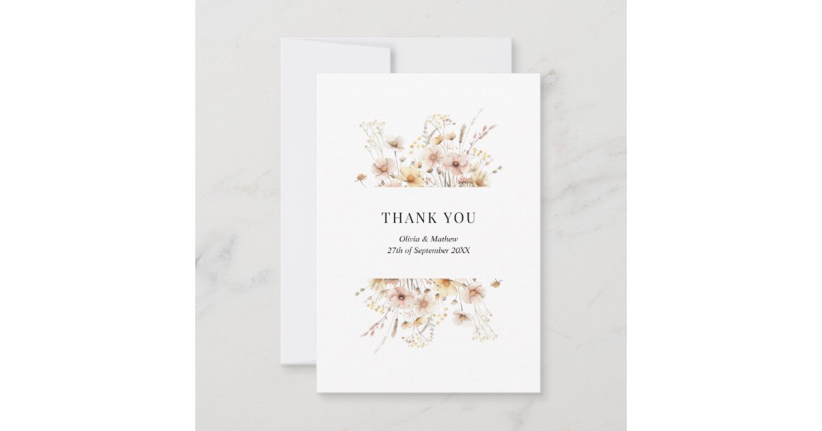 Whimsical Floral Wildflowers Photo Message Wedding Thank You Card | Zazzle