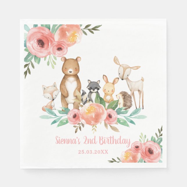 Whimsical Floral Woodland Animals 1st Birthday Napkins (Front)