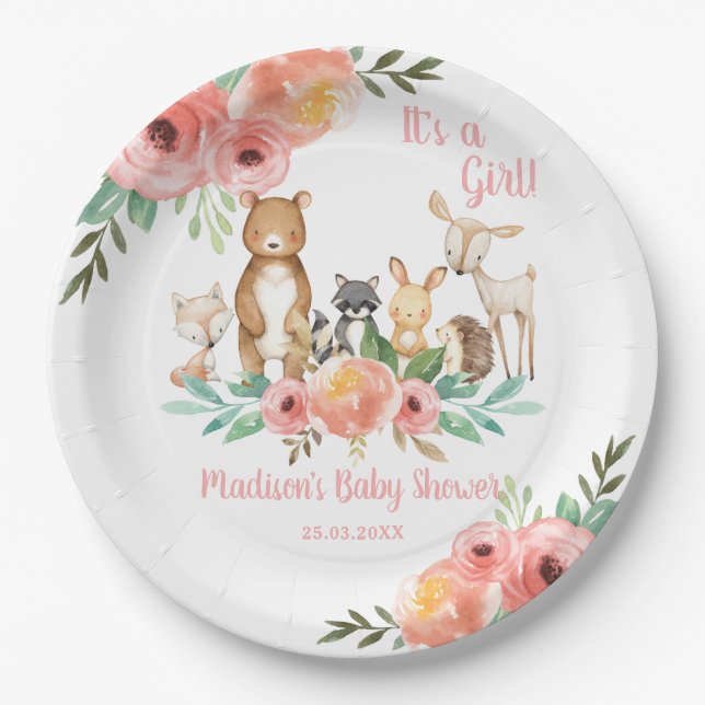 Whimsical Floral Woodland Animals Baby Shower Girl Paper Plates (Front)