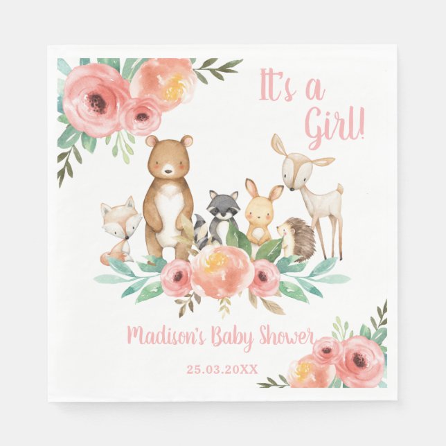 Whimsical Floral Woodland Animals Baby Shower Napkins (Front)
