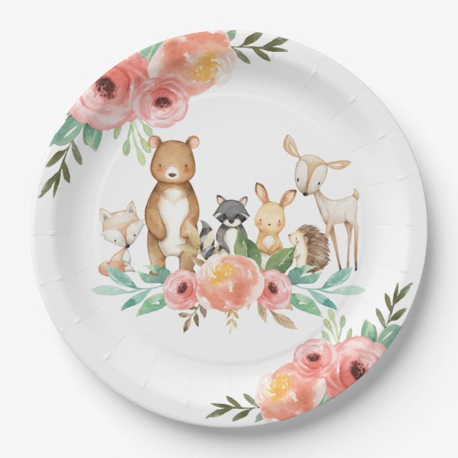 Whimsical Floral Woodland Animals Birthday Baby  Paper Plates (Front)
