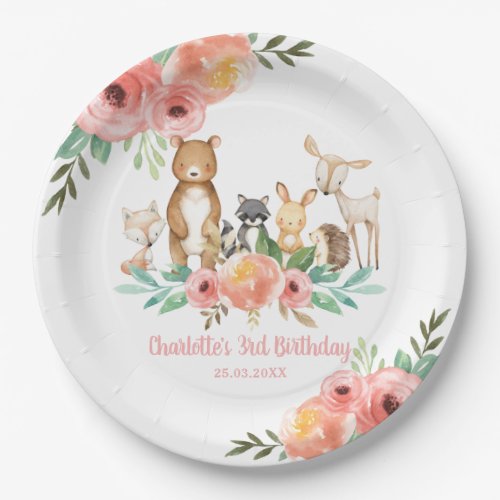 Whimsical Floral Woodland Animals Birthday Girl Paper Plates