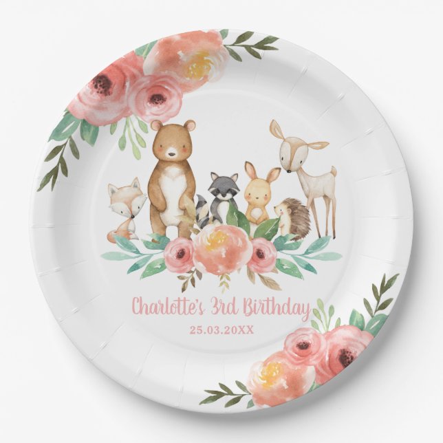 Whimsical Floral Woodland Animals Birthday Girl Paper Plates (Front)